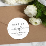 Happily Ever After Wedding Classic Round Sticker<br><div class="desc">Chic sticker for your wedding and reception invitations,  save the dates,  engagement parties,  couples showers and other wedding celebrations featuring "Happily Ever After" in simple modern typography and an elegant script with swashes,  your first names joined by a heart and your wedding date.</div>