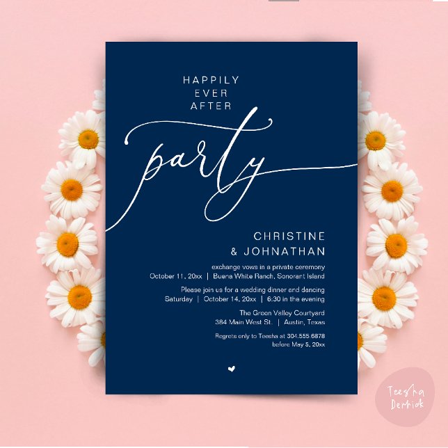 Happily Ever After Wedding Dinner Party Dancing Invitation (Happily Ever After Romantic Wedding Dinner Party Dancing Modern Clean Invites Card PDF Navy Blue)
