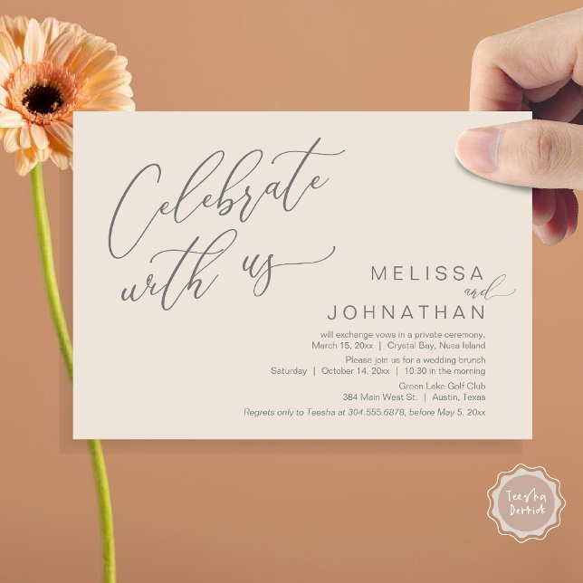 Happily Ever After Wedding Elopement Brunch Invitation (Celebrate with us, Nothing Fancy Just Love, Romantic Wedding Brunch Invitation Card PDF Cream Grey)