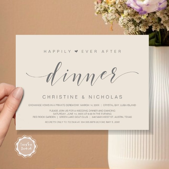 Happily ever After, Wedding Elopement Dinner Invitation (Happily ever After Dinner Invitation Card, Wedding Elopement Invites, PDF, Modern, Dark Grey Cream)
