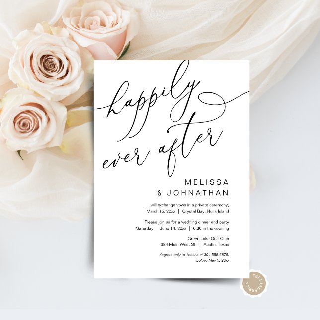 Happily Ever After, Wedding Elopement Dinner Party Invitation (Happily Ever After, RomanticPost Wedding Elopement Brunch, Dinner, Party Celebration Invitation Card)