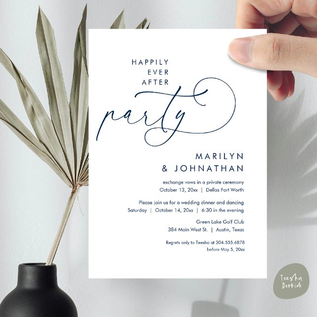 Happily Ever After Wedding Elopement Dinner Party Invitation (Happily Ever After Party, Modern Minimalist Wedding Dinner Invitation Card, PDF, Navy Blue)