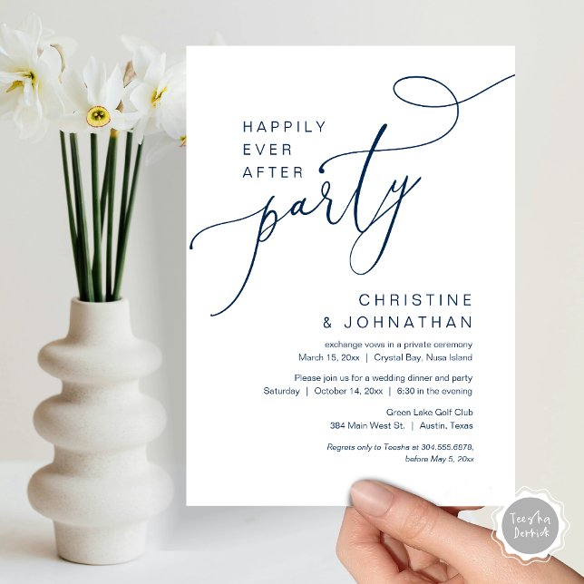 Happily Ever After Wedding Elopement Party Invitat Invitation (Happily Ever After Party, Wedding Elopement Brunch, Dinner or Lunch Invitation Card in Navy Blue)