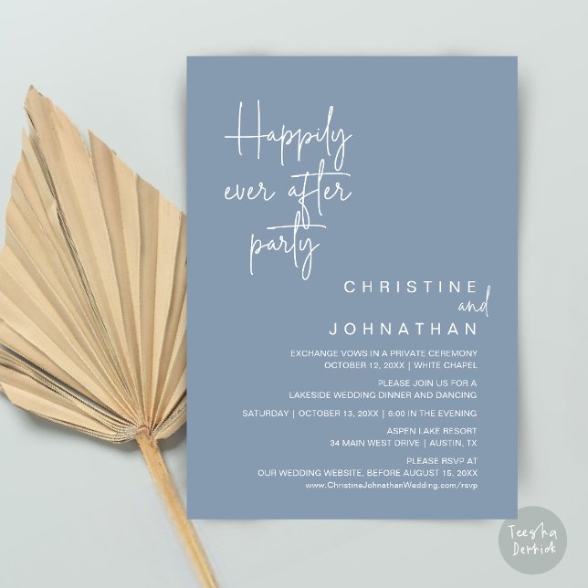Happily Ever After Wedding Elopement Party Invitat Invitation (Happily Ever After Wedding Elopement Dinner Brunch Lunch Party Invites Card, PDF, Dusty Blue)