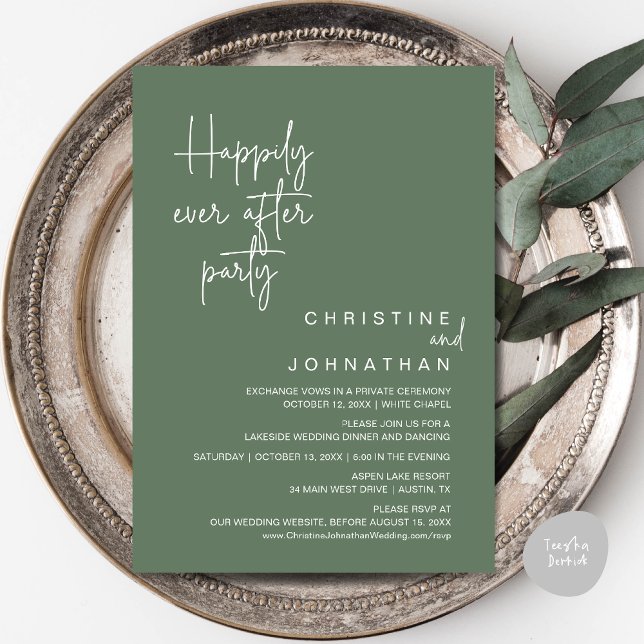 Happily Ever After Wedding Elopement Party Invitat Invitation (Happily Ever After Wedding Elopement Dinner Brunch Lunch Party Invites Card, PDF, Forest Green sage)
