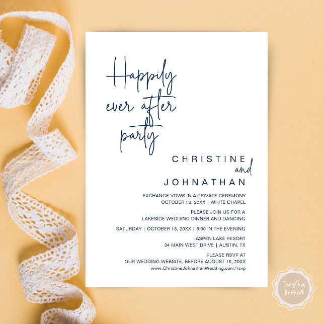 Happily Ever After Wedding Elopement Party Invitat Invitation (Happily Ever After Wedding Elopement Dinner Brunch Lunch Party Invites Card, PDF, Navy Blue)