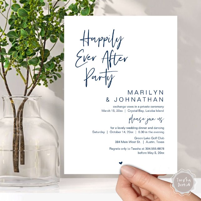 Happily Ever After, Wedding Elopement Party Invitation (Happily Ever After, Wedding Elopement Modern Summer Party Invitation Card, PDF, in Navy Blue)