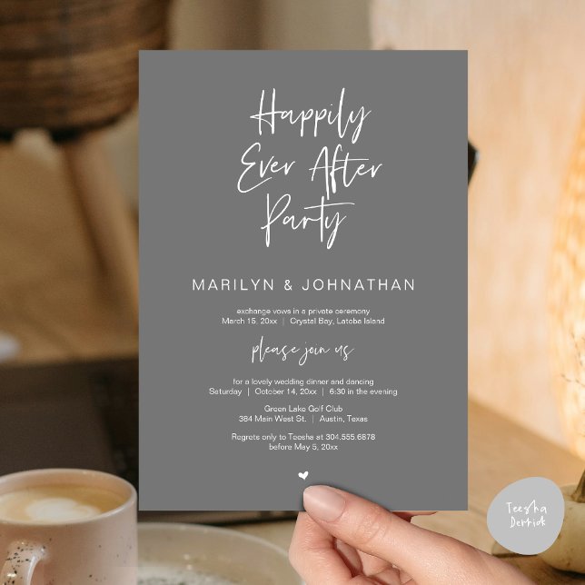 Happily Ever After, Wedding Elopement Party Invitation (Happily Ever After, Wedding Elopement Modern Summer Party Invitation Card, PDF, in Dark Grey)