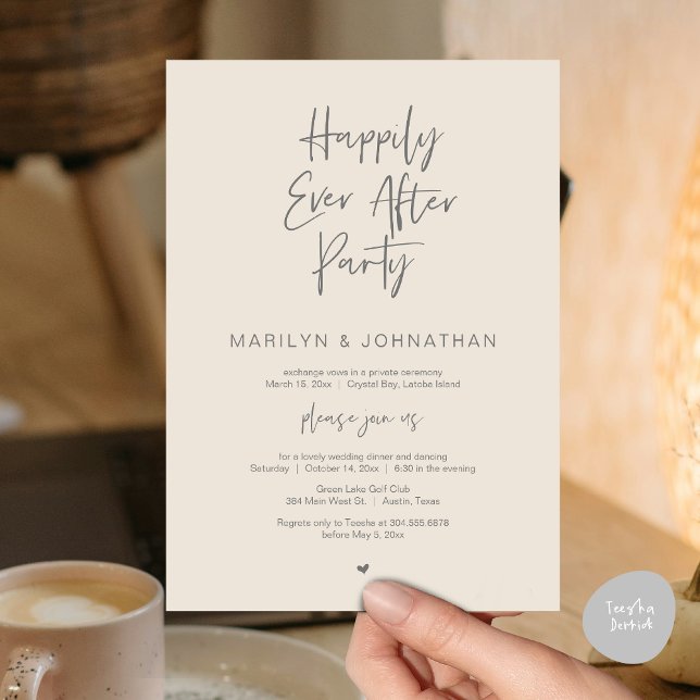 Happily Ever After, Wedding Elopement Party Invitation (Happily Ever After, Wedding Elopement Modern Summer Party Invitation Card, PDF, in Cream Dark Grey)