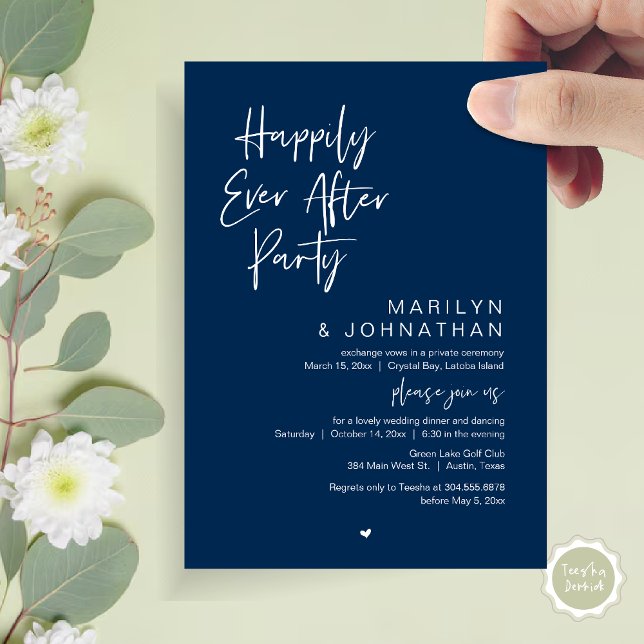 Happily Ever After, Wedding Elopement Party Invitation (Happily Ever After, Wedding Elopement Modern Summer Party Invitation Card, PDF, in Navy Blue)