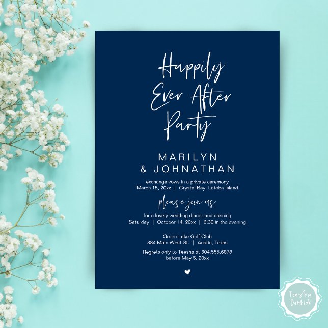 Happily Ever After, Wedding Elopement Party Invitation (Happily Ever After, Wedding Elopement Modern Summer Party Invitation Card, PDF, in Navy Blue)