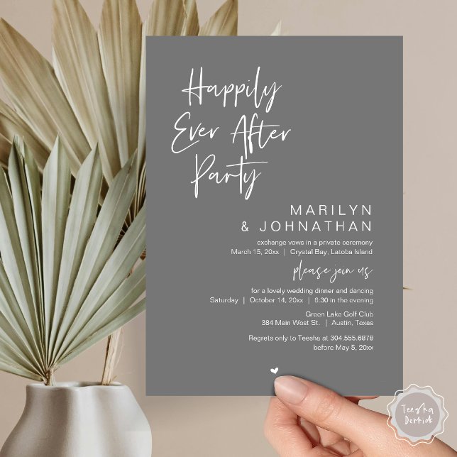 Happily Ever After, Wedding Elopement Party Invitation (Happily Ever After, Wedding Elopement Modern Summer Party Invitation Card, PDF, in Dark Grey)