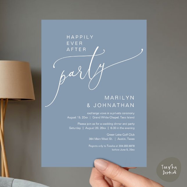 Happily Ever After Wedding Elopement Party Invitation (Happily Ever After Wedding Elopement Party Invitation Card, PDF, Modern Romantic, Dusty Blue)
