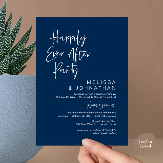 Happily Ever After, Wedding Elopement Party Invitation (Happily Ever After Party Invitation Card, PDF, Wedding Elopement Dinner Brunch Lunch, Navy Blue)