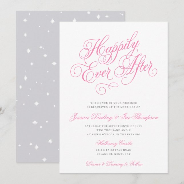 Happily Ever After Wedding Invitation Pink & Gray (Front/Back)