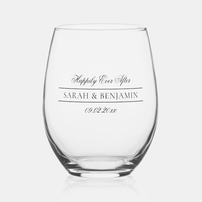 Happily Ever After Wedding Keepsake Gift Stemless Wine Glass (Front)