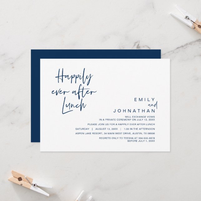 Happily Ever After Wedding Lunch, Classy Navy Blue Invitation (Front/Back In Situ)