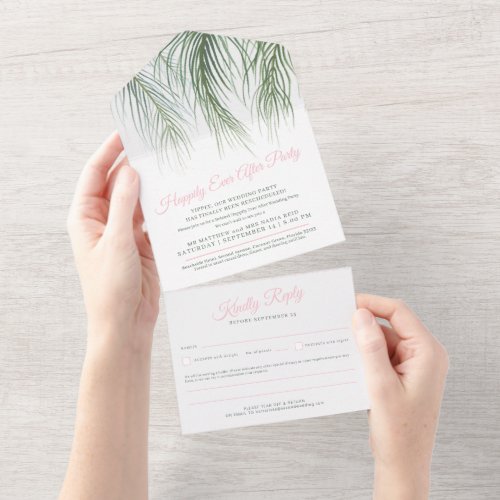 Happily ever after wedding palm pink white green all in one invitation