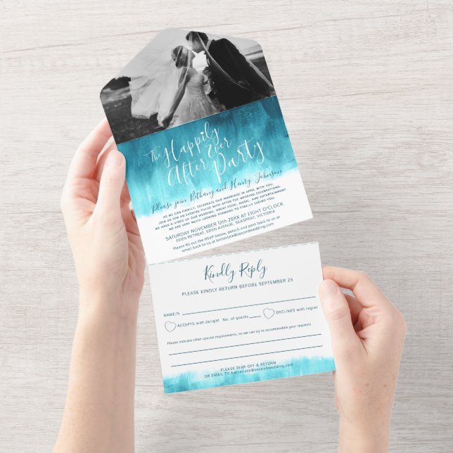 Happily ever after wedding party photo aqua teal all in one invitation (Tearaway)