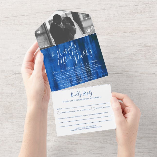 Happily ever after wedding party photo blue all in one invitation (Tearaway)