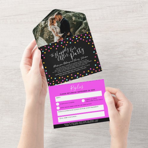 Happily ever after wedding party photo confetti all in one invitation