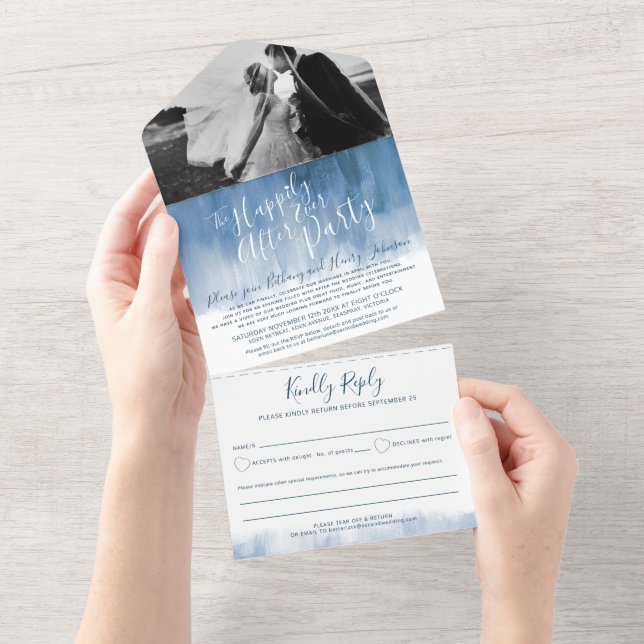 Happily ever after wedding party photo dusty blue all in one invitation (Tearaway)