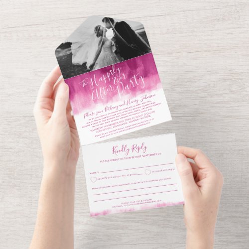 Happily ever after wedding party photo pink red all in one invitation