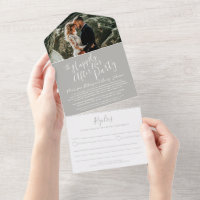 Happily ever after wedding party photo white gray