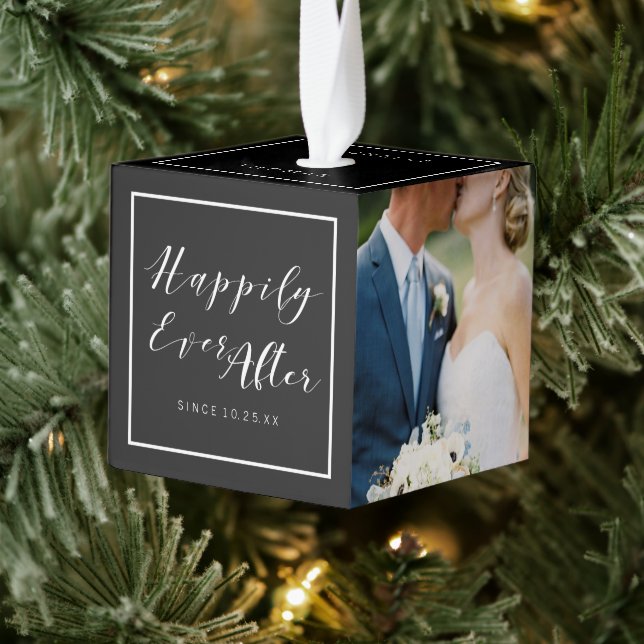 Happily Ever After Wedding Photos Collage Custom Cube Ornament (Tree)