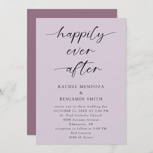 Happily Ever After Wedding Purple Script Elegant Invitation (Front/Back)