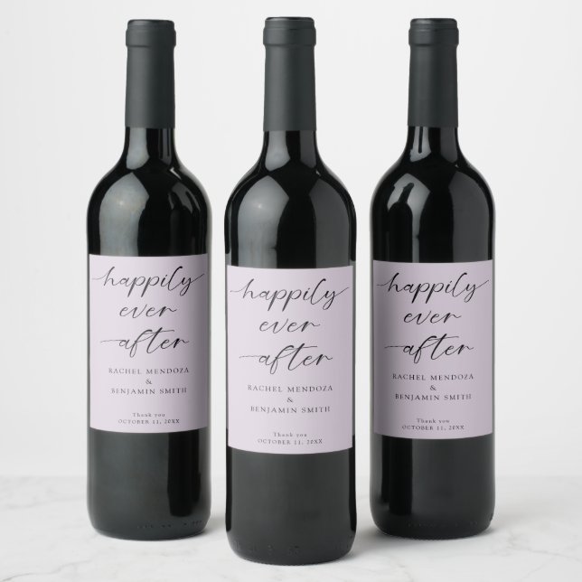 Happily Ever After Wedding Purple Script Elegant  Wine Label (Bottles)