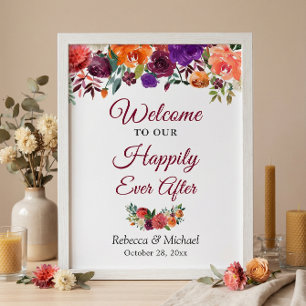 Happily Ever After Wedding Rustic Burgundy Flowers Poster