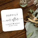 Happily Ever After Wedding Square Paper Coaster<br><div class="desc">Chic paper coaster for your wedding reception,  rehearsal dinner,  engagement parties,  couples showers and other wedding celebrations with "Happily Ever After" in a mix of simple typography and a swash script,  your first names joined by a heart and your wedding date.</div>