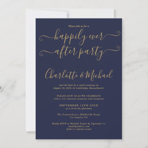 Happily Ever After Wedding Vows Navy Blue Gold Invitation