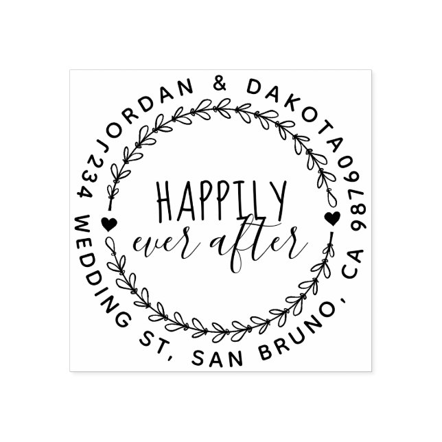 Happily Ever After Wedding Wreath Return Address Rubber Stamp (Imprint)