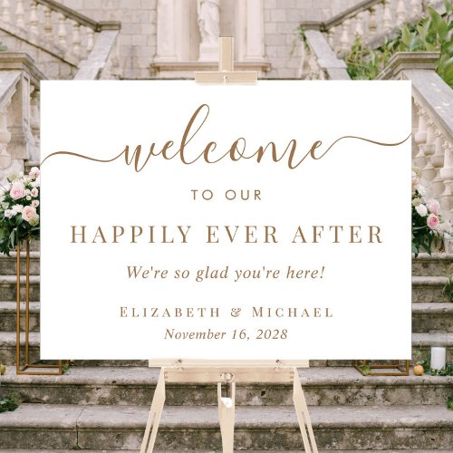 Happily Ever After White Gold Wedding Welcome Acrylic Sign