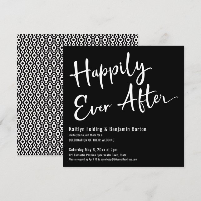 Happily Ever After White on Black Wedding Party Invitation (Front/Back)
