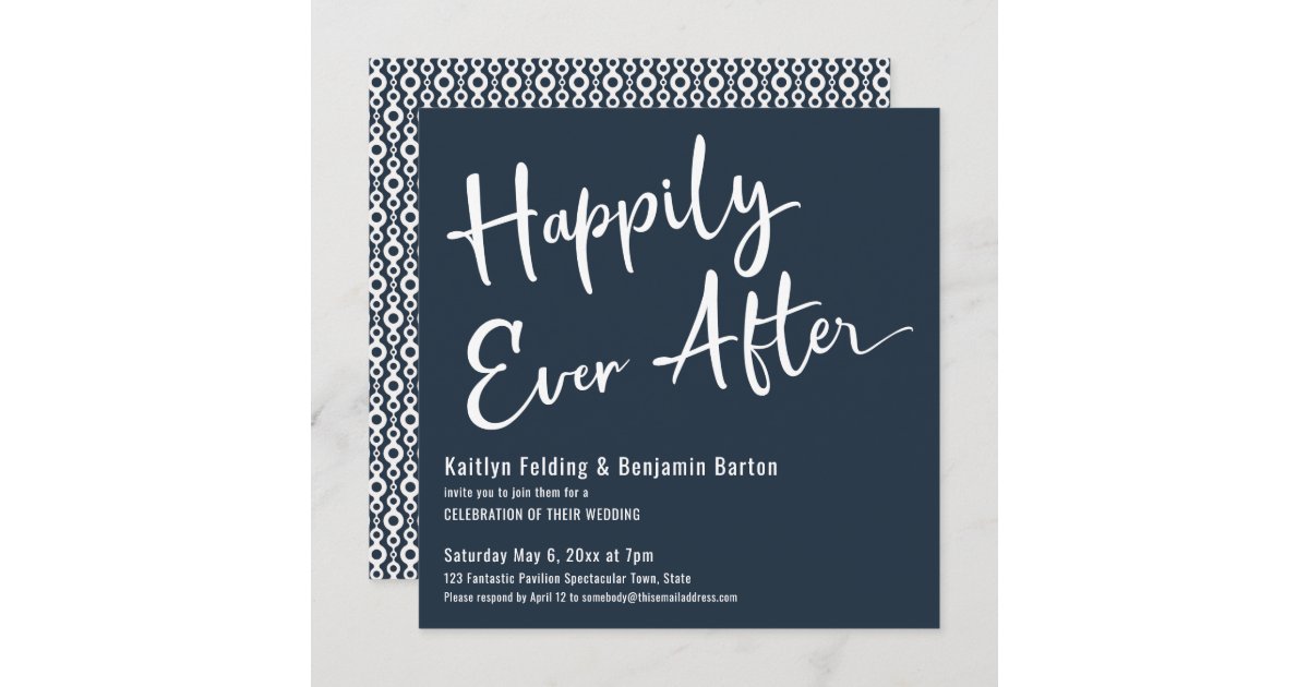 Happily Ever After White on Dark Blue Reception Invitation | Zazzle