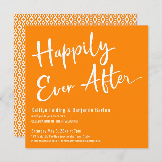 Happily Ever After White Retro Pattern Over Orange Invitation (Front/Back)