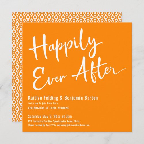 Happily Ever After White Retro Pattern Over Orange Invitation