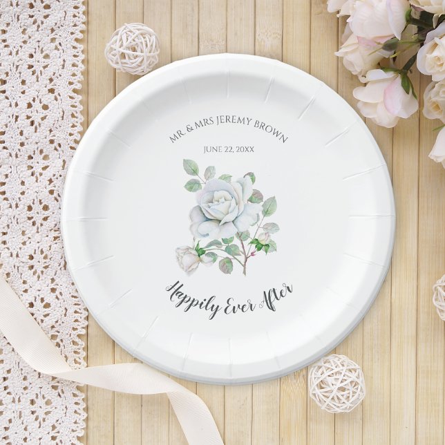 Happily Ever After White Rose Wedding Paper Plates (Creator Uploaded)
