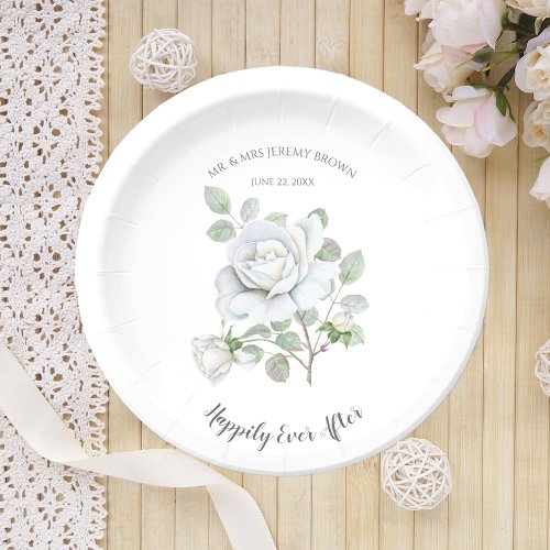 Happily Ever After White Rose Wedding Paper Plates