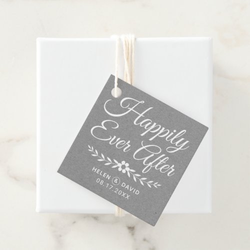Happily ever after white typography gray wedding favor tags
