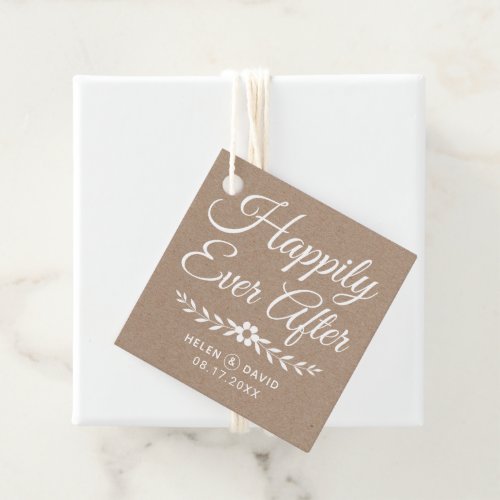 Happily ever after white typography rustic wedding favor tags