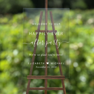 Happily Ever After White Wedding Reception Welcome Acrylic Sign