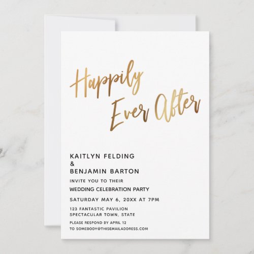 Happily Ever Aftter Minimal Gold Script Reception Invitation