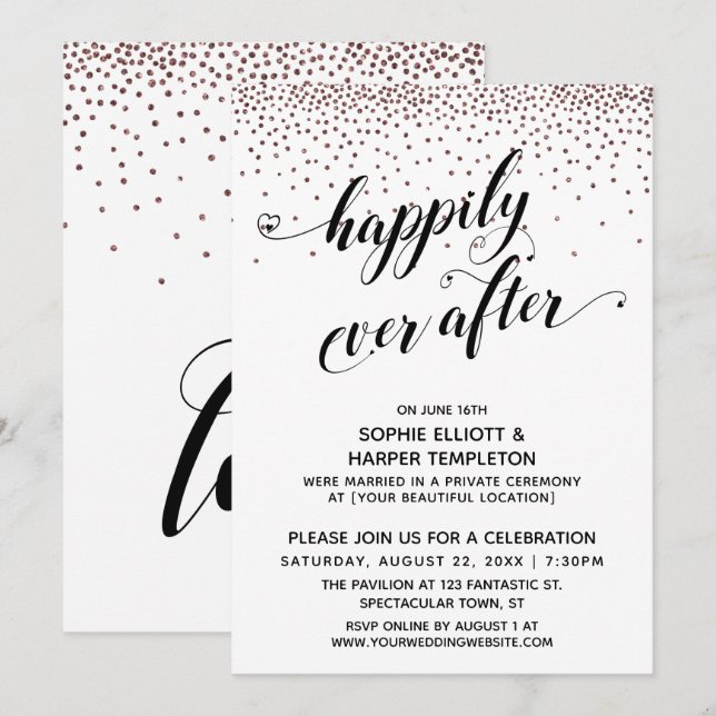 Happily Ever Ever Hearts Script Rose Gold Confetti Invitation (Front/Back)