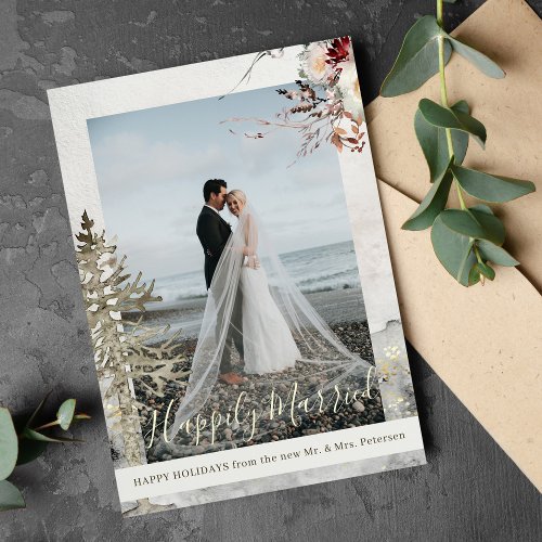 Happily Married Christmas holidays newlyweds photo Holiday Card