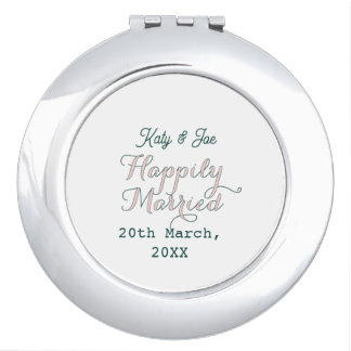 happily married turqoise pink pastel wedding name compact mirror
