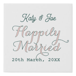 happily married turqoise pink pastel wedding name faux canvas print